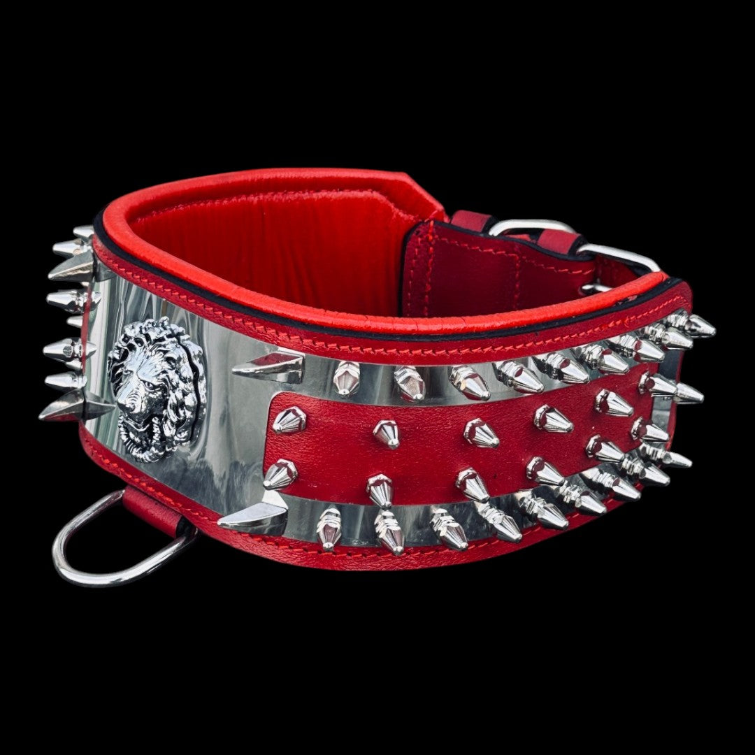 Lion Head Stainless Steel Dog Collar – Red Leather Wide Spiked Collar for Large Dogs