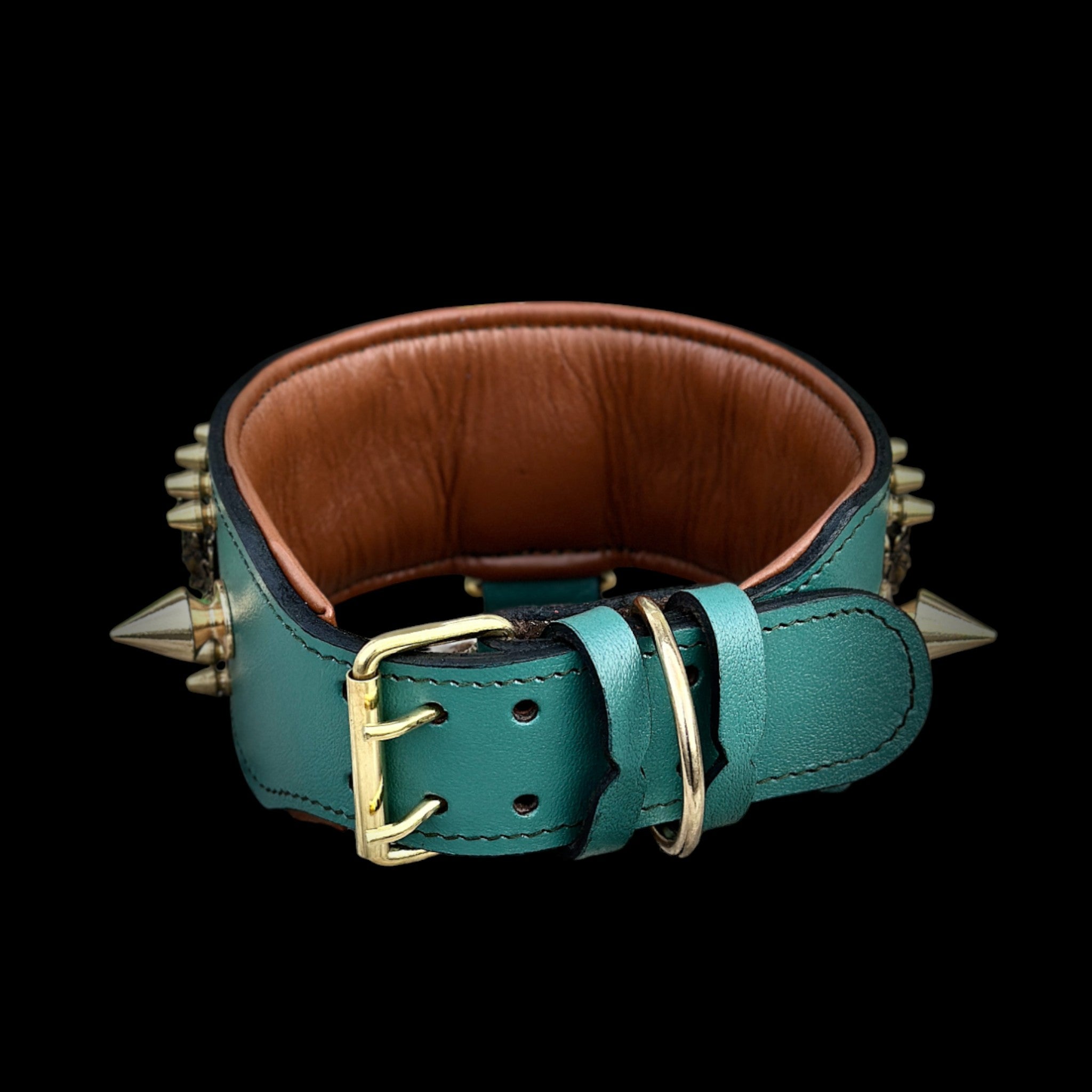 Handcrafted Green Leather Dog Collar – Lion Head Design with Gold Spikes