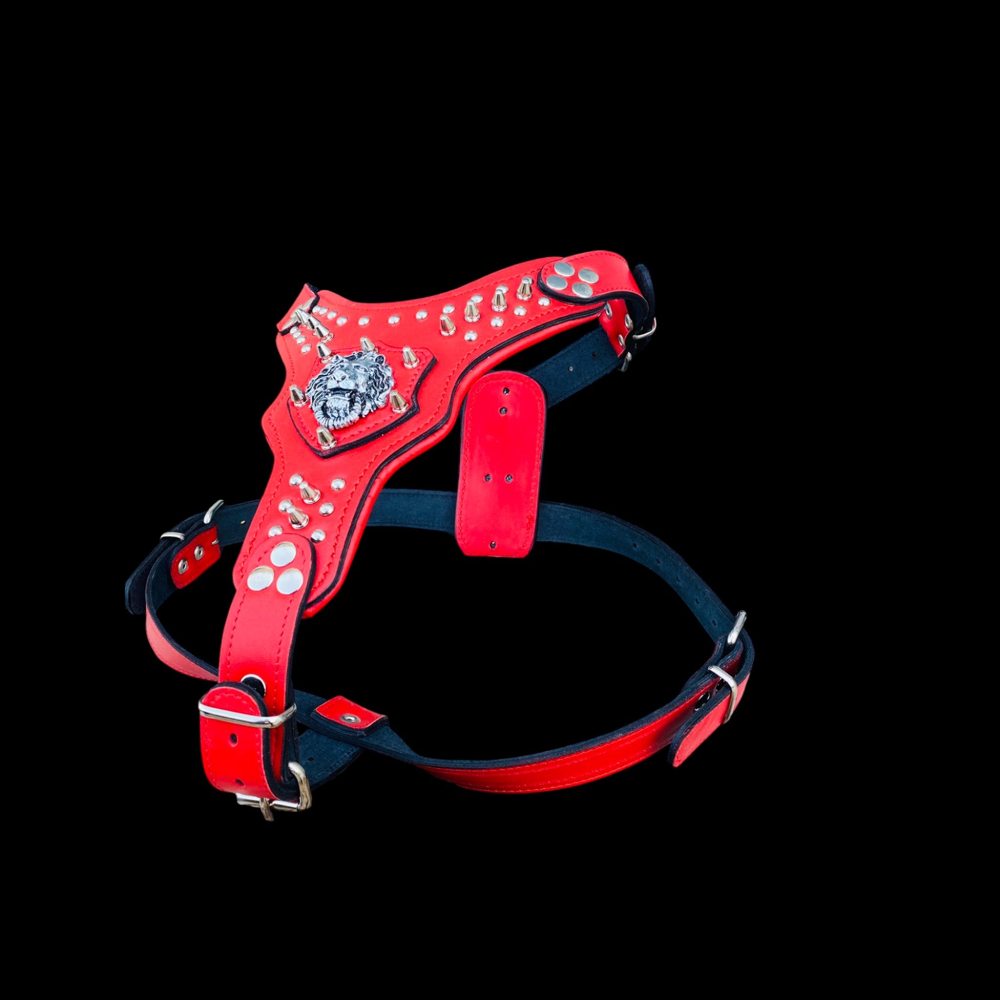 Red spiked leather harness with lion logo for German Shepherd