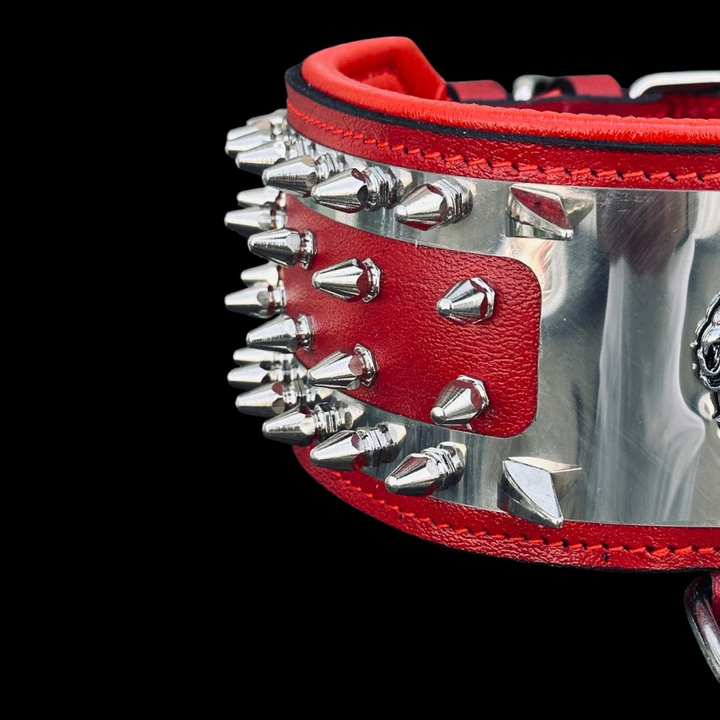 Lion Head Stainless Steel Dog Collar – Red Leather Wide Spiked Collar for Large Dogs
