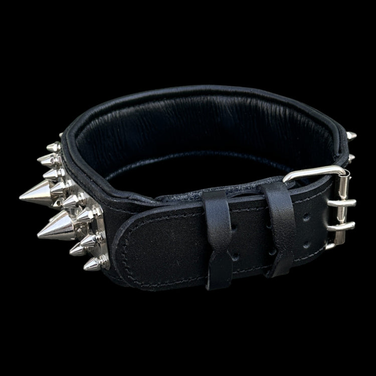 IRON BEAST extreme dog collar with large chrome spikes and black leather base