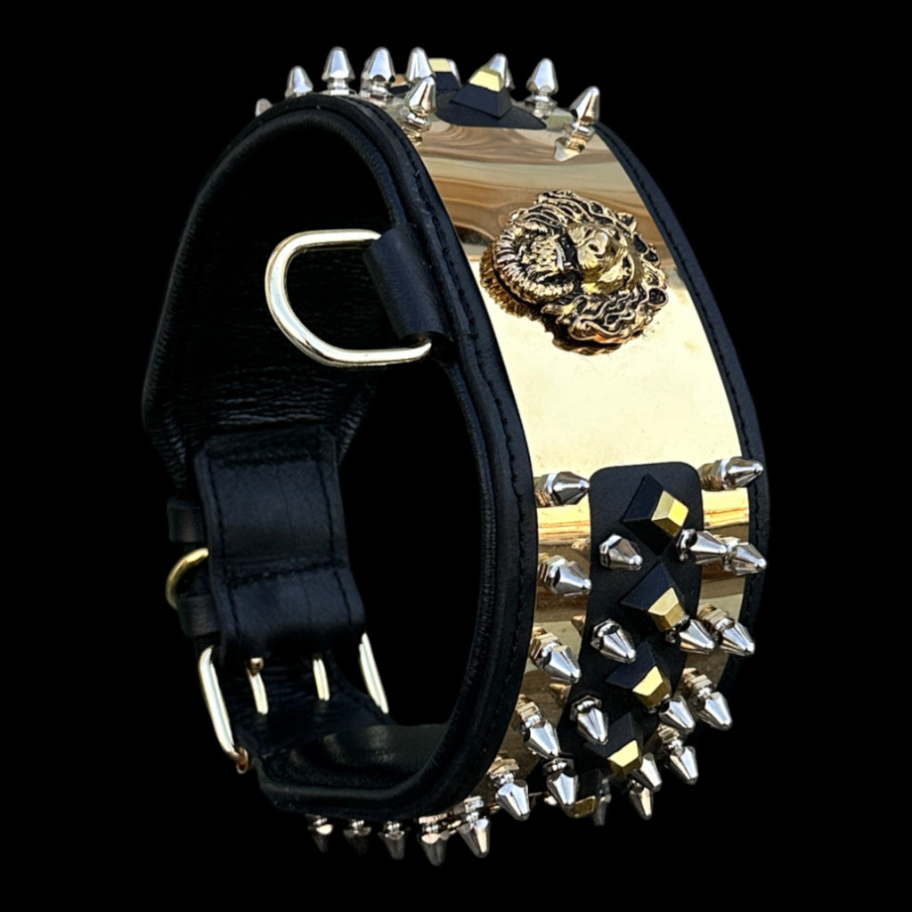 Handmade black leather dog collar with gold lion plate and spikes.