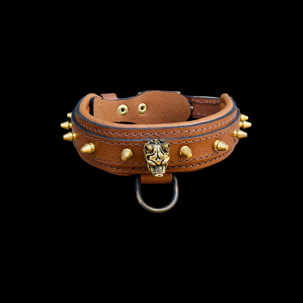 Brown genuine leather dog collar with gold bully head emblem and spikes – 4cm wide heavy duty collar for Cane Corso, Rottweiler, Doberman, Kangal, Malinois, K9, American Bully