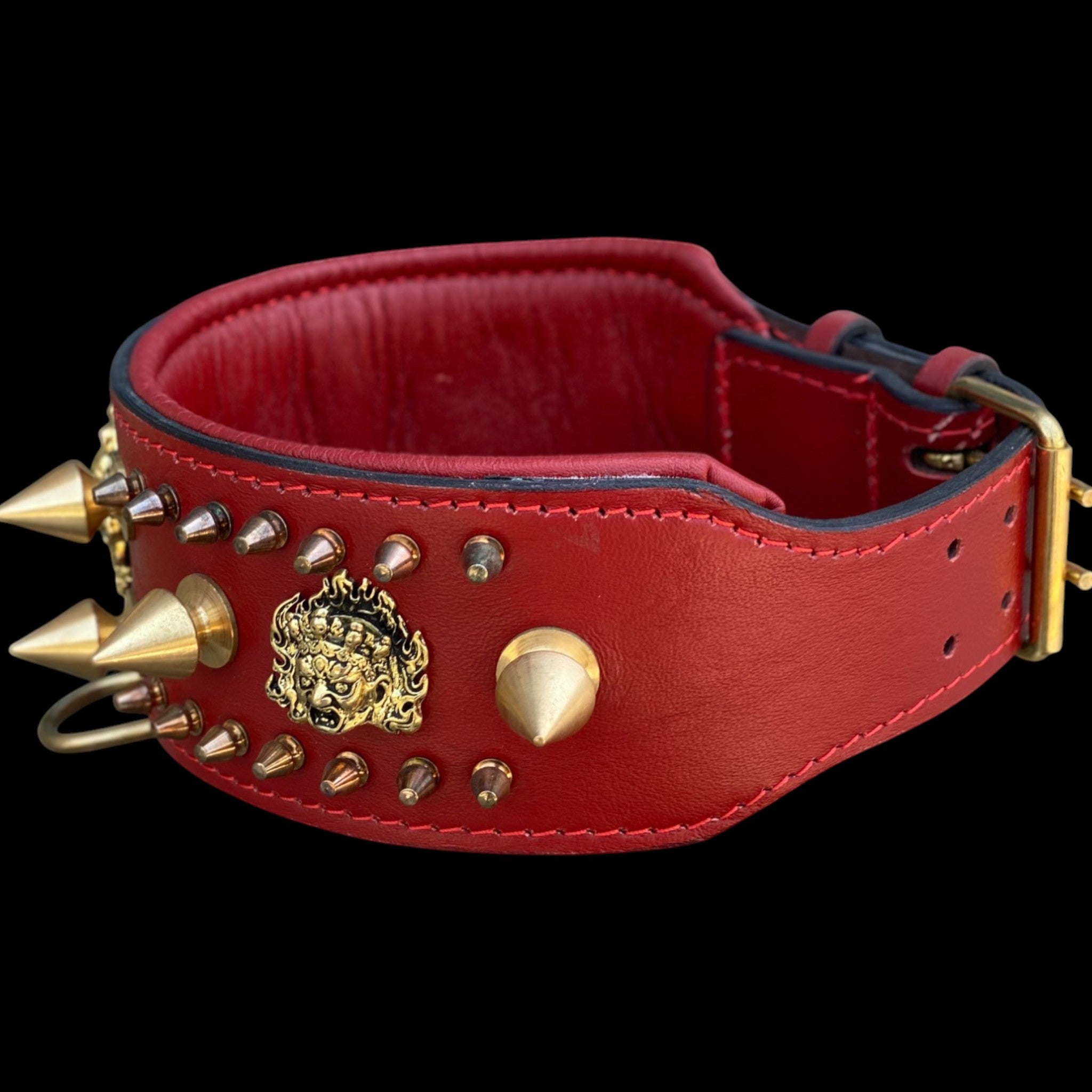 Handcrafted Red Leather Dog Collar – Lion Head Design with Gold Spikes, Wide Strong Collar for Cane Corso, Rottweiler, Doberman, Kangal, American Bully