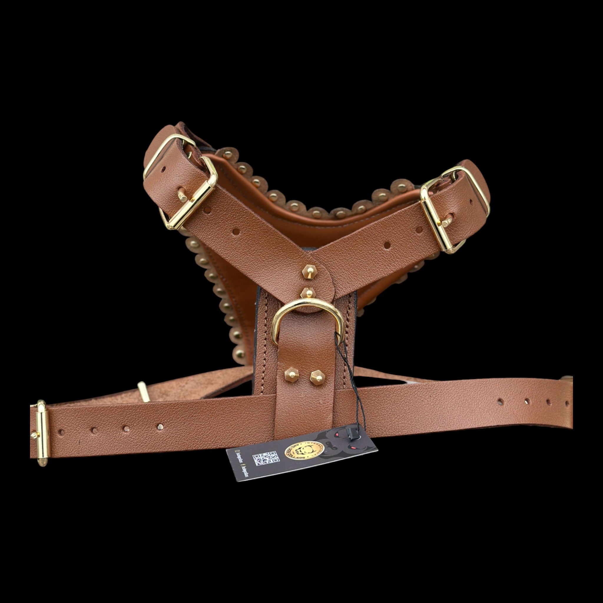 Luxury Handmade Brown Leather Dog Chest Harness with Gold Steel Plate, Bully Head & Lion Logo – Perfect for Cane Corso, Rottweiler, Kangal, Doberman, Bully, Malinois & Large Breeds