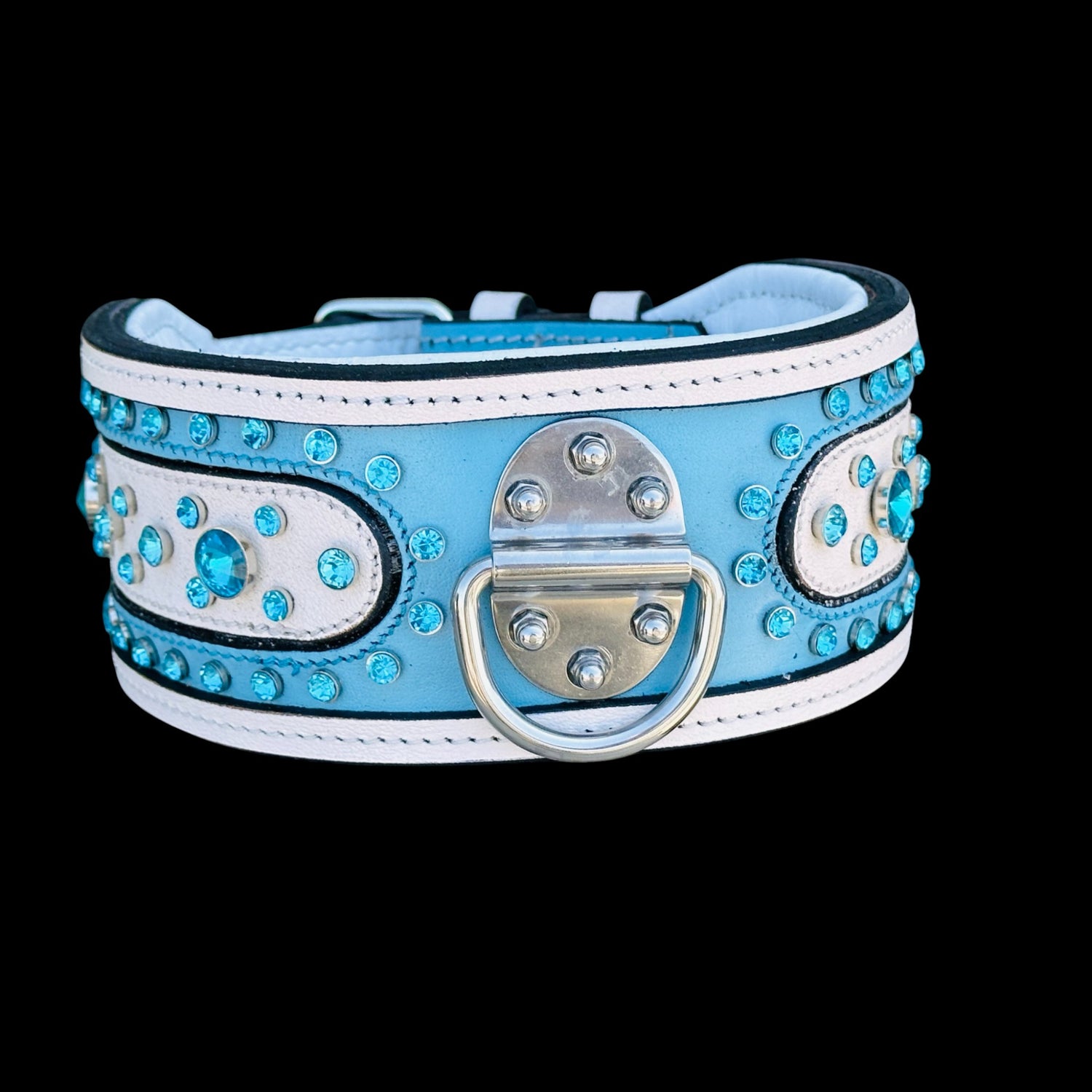 Handcrafted Turquoise Crystal Dog Collar – Wide & Thick Leather Design with Steel D-Ring for Cane Corso, Rottweiler, Doberman, Kangal, American Bully - A&C Dog Collars