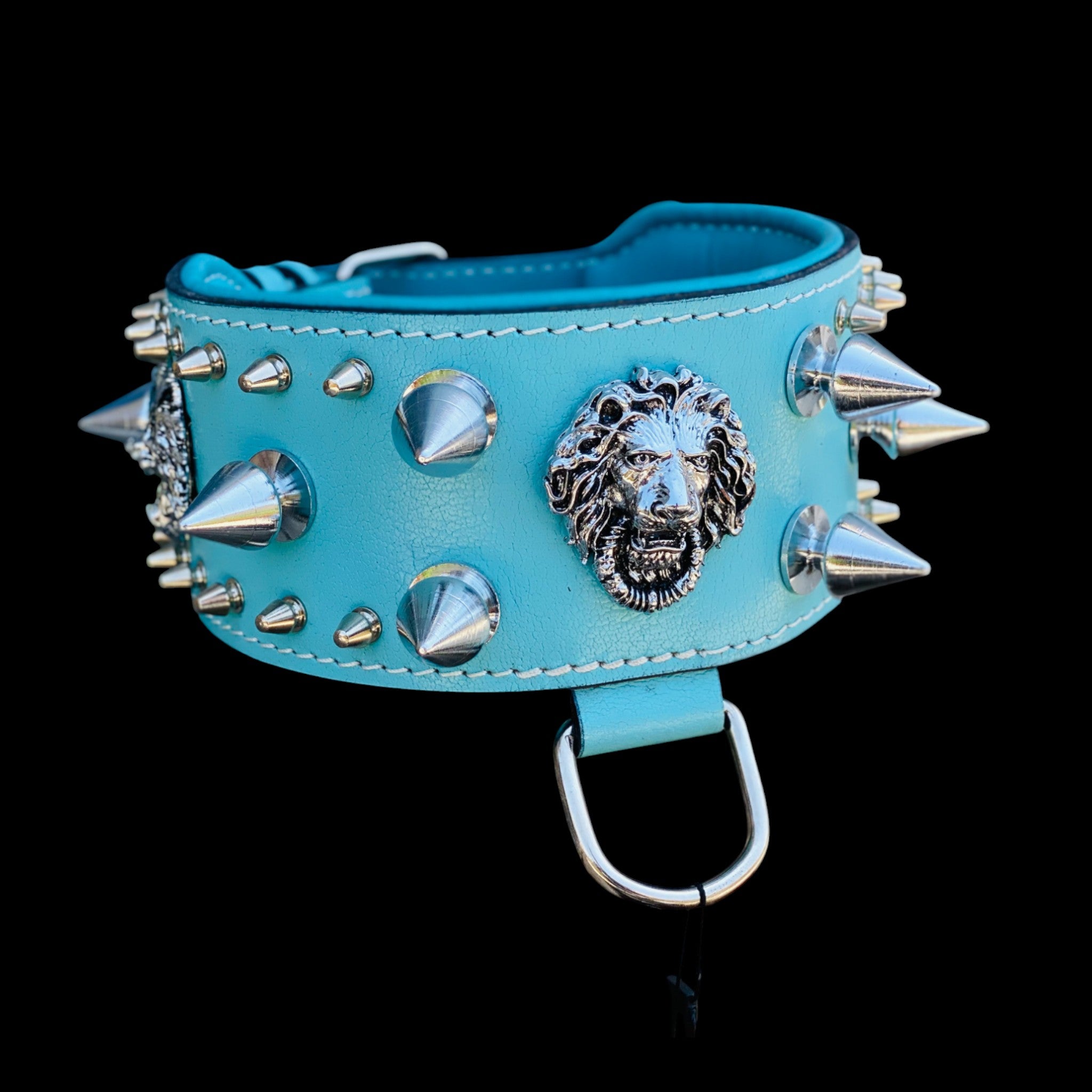 Handcrafted Turquoise Leather Dog Collar – Lion Head Design with Silver Spikes, Wide Strong Collar for Cane Corso, Rottweiler, Doberman, Kangal, American Bully