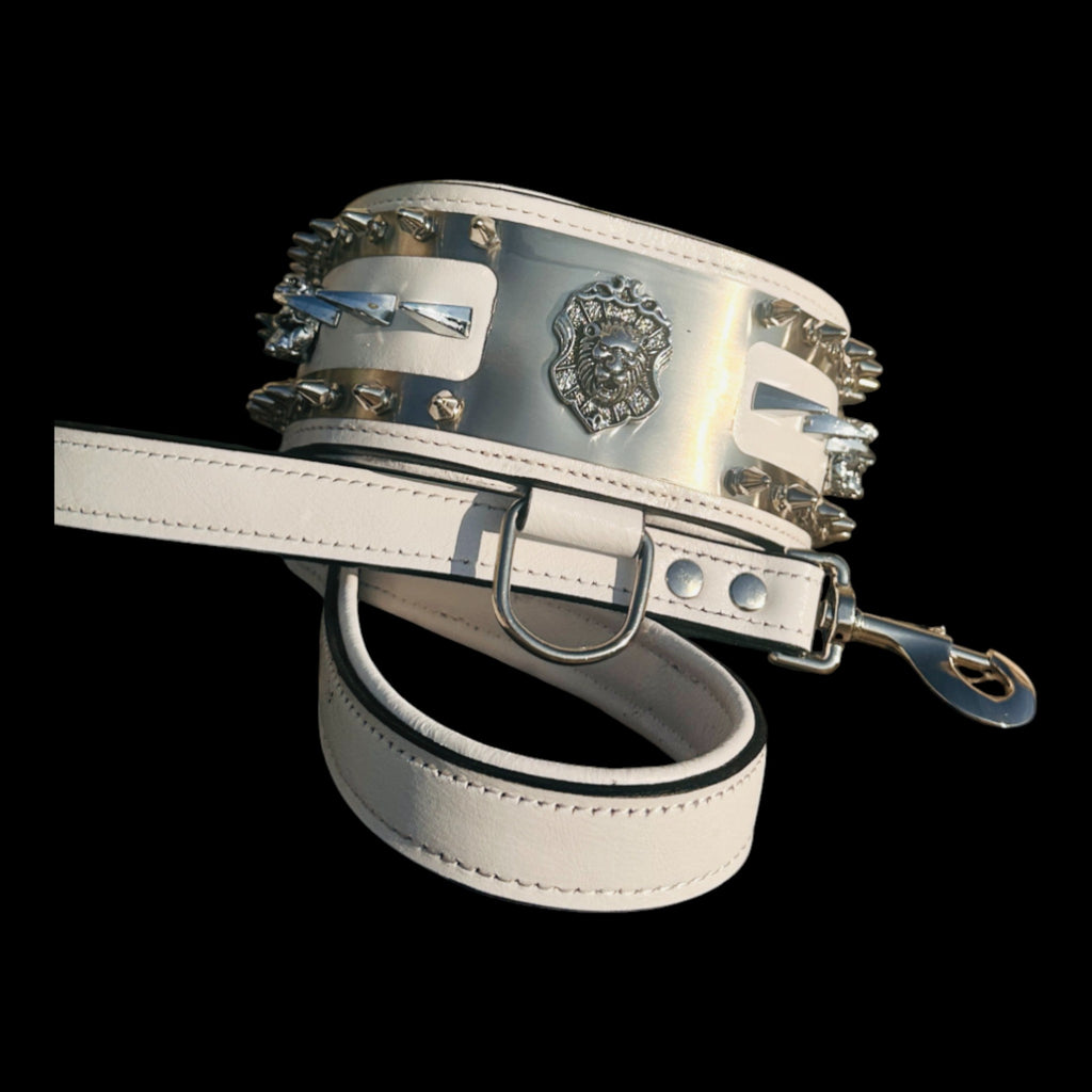 White luxury dog collar set handcrafted for strong breeds
