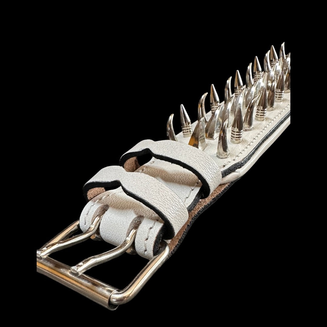 White Leather Spiked Dog Collar – Handmade Wide Collar with Silver Hardware