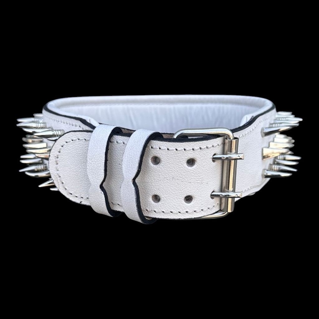 White Leather Spiked Dog Collar – Handmade Wide Collar with Silver Hardware