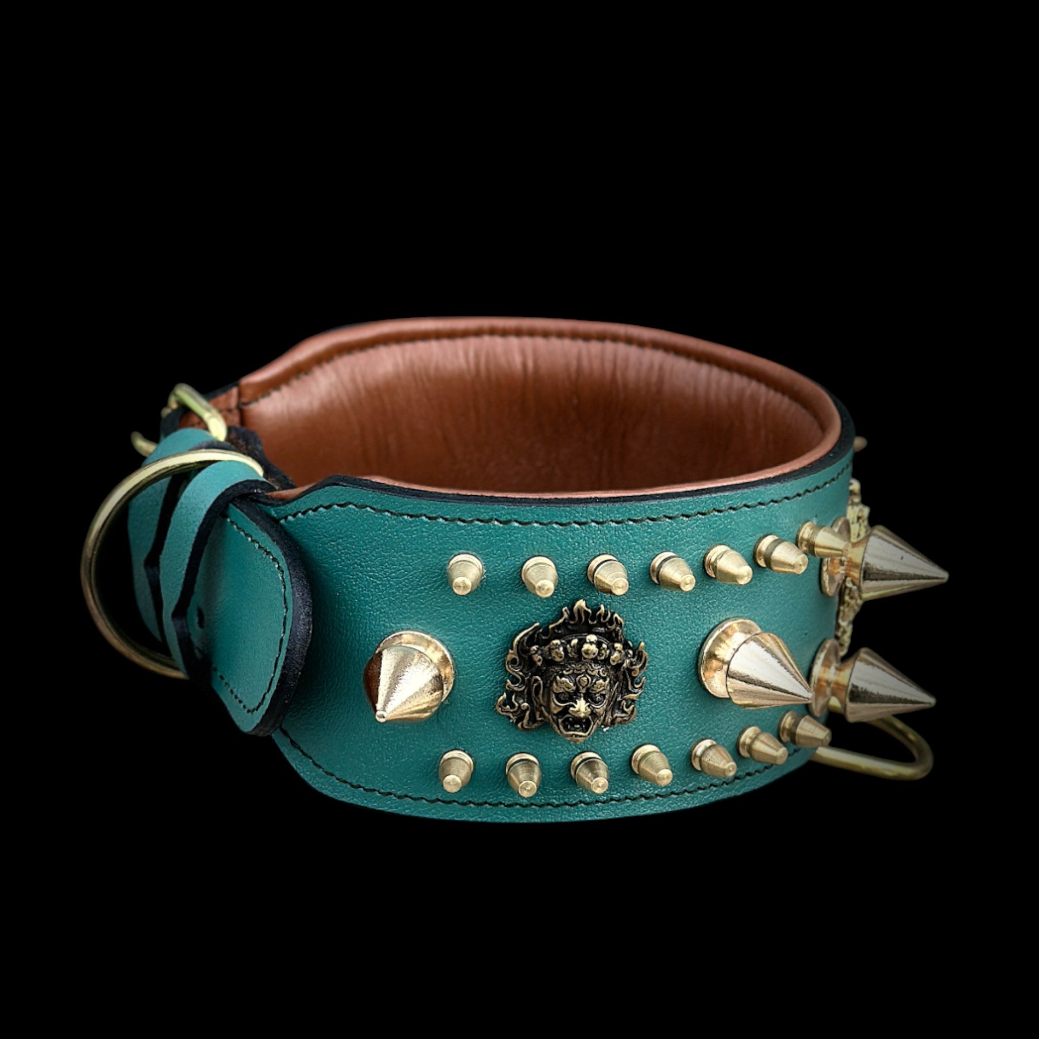 Handcrafted Green Leather Dog Collar – Lion Head Design with Gold Spikes