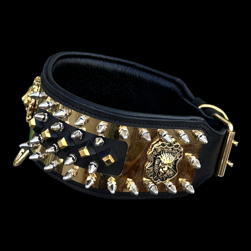 Stylish gold lion logo collar made for powerful dogs.