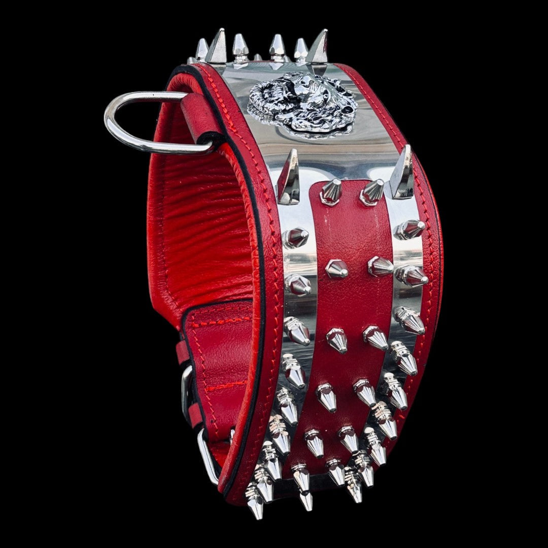 Lion Head Stainless Steel Dog Collar – Red Leather Wide Spiked Collar for Large Dogs