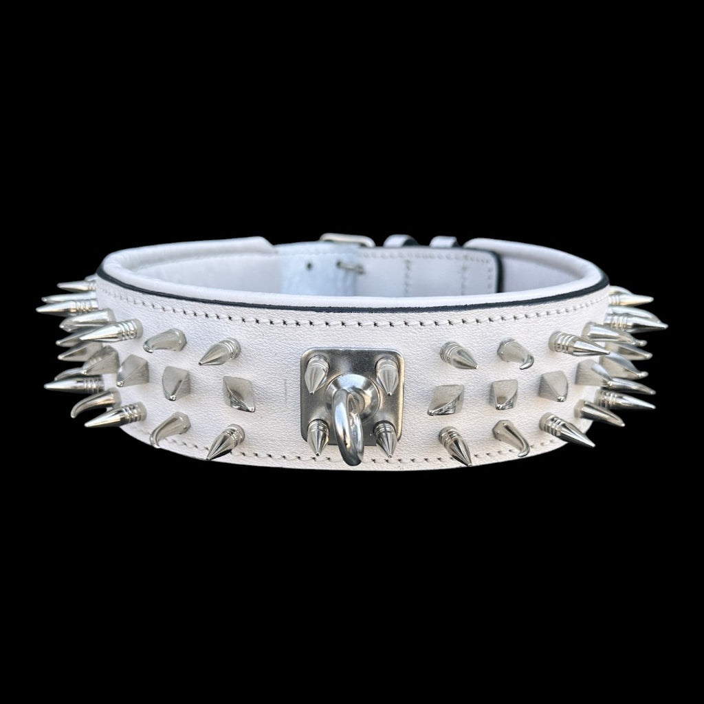 White Leather Spiked Dog Collar – Handmade Wide Collar with Silver Hardware