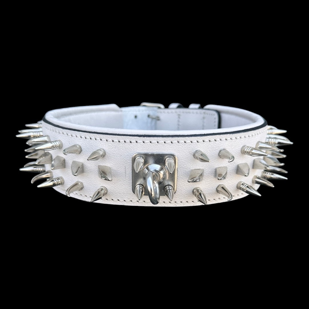 White Leather Spiked Dog Collar – Handmade Wide Collar with Silver Hardware